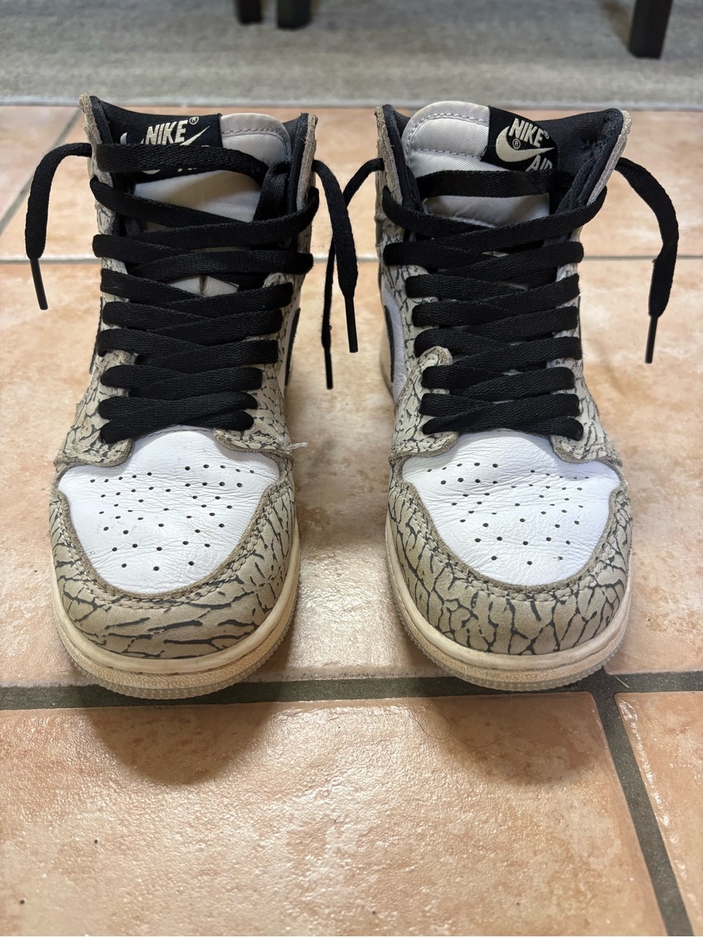 Youth Jordan 1 Nike High-Top Sneakers - White, Tan & Black Elephant Print